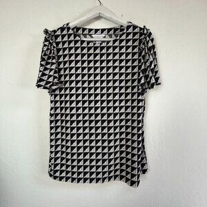 Liz Claiborne Executive Grey Logo Womens Geometric Short Sleeve Top Large New